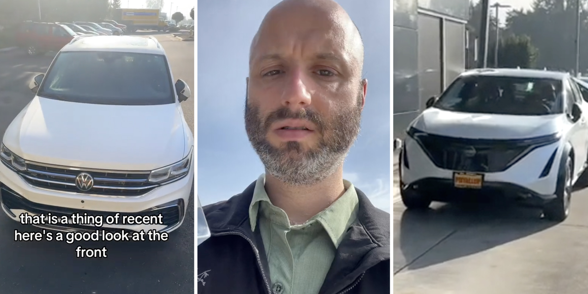 Volkswagen car(l), Man talking(c), Nissan car(r)