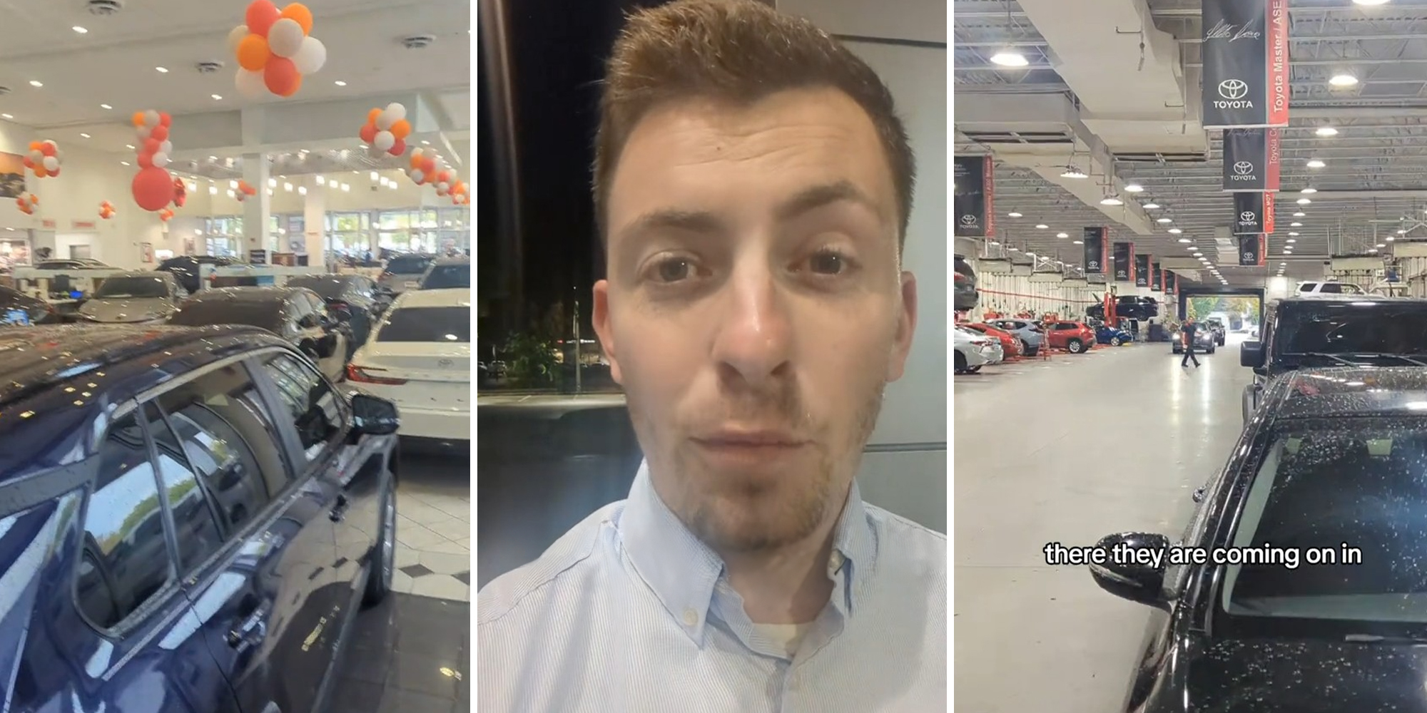 dealership stacked with cars(l) car dealer explaining preparations for hurricane on tiktok(c) Car Shop loading in cars(r)