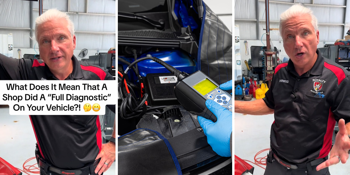 mechanic with caption "What Does It Mean That A Shop Did A "Full Diagnostic" ON your VEHICLE?!" (l mechanic holding tool (c) mechanic speaking (r)