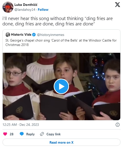 christmas carollers with tweet that reads "i’ll never hear this song without thinking “ding fries are done, ding fries are done, ding fries are done”