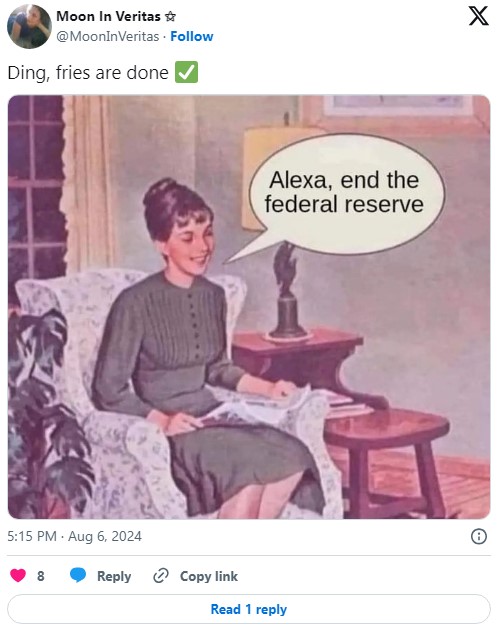 "Ding, fries are done ✅" tweet with vintage cartoon that says "alexa end the federal reserve"