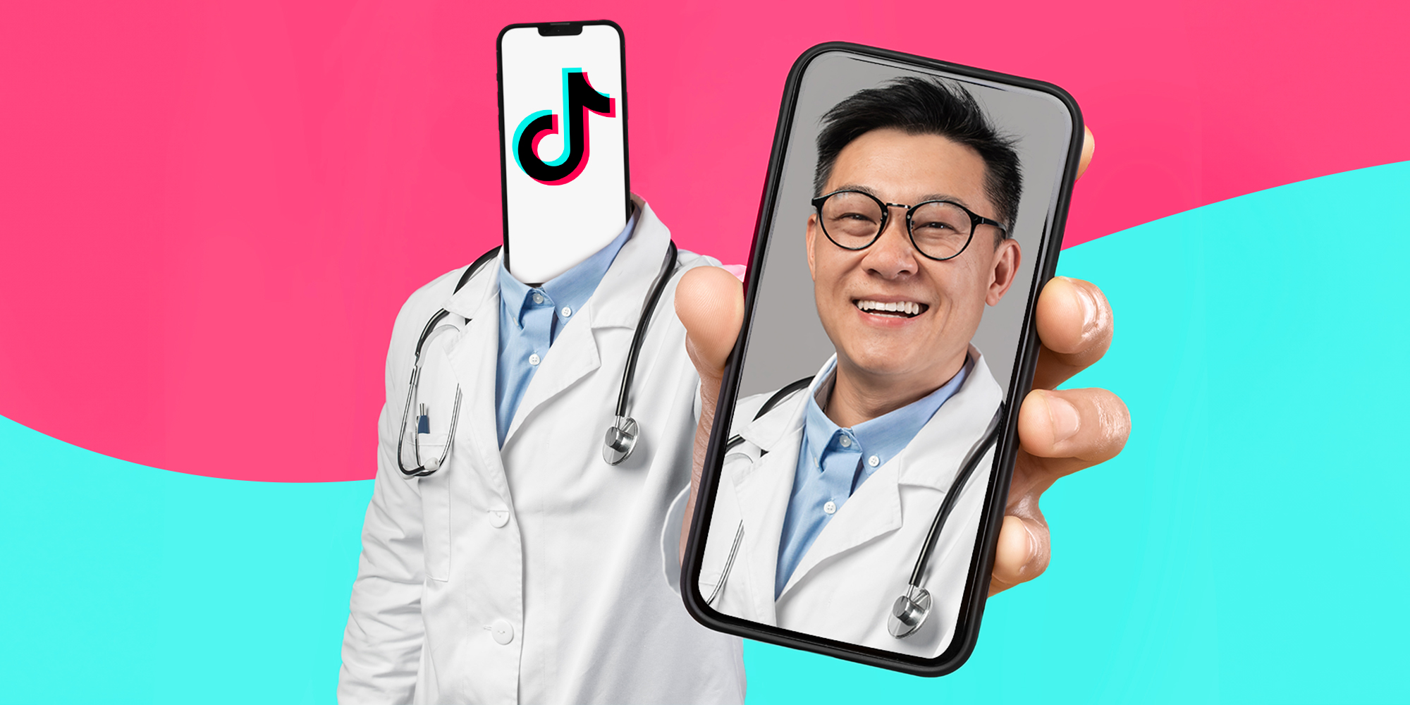 Doctor with Tiktok phone for head holding a phone with a real doctor