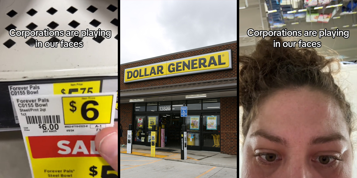 price tags with caption "Corporations are playing our faces" (l) Dollar General (c) woman with caption "Corporations are playing our faces" (r)
