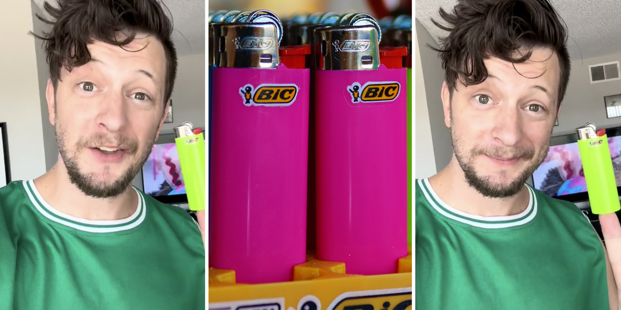 Man talking while holding lighter(l+r), Big lighters(c)