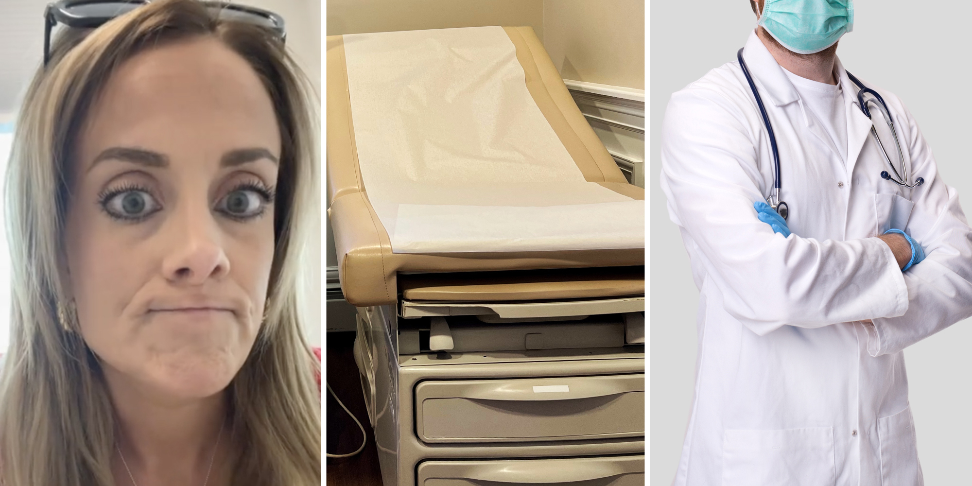 Woman looking shocked(l), Medical Table(c), Doctor in white jacket(r)