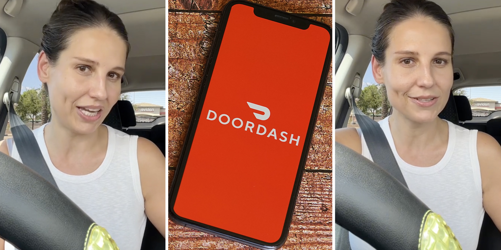 Woman talking(l+r), Doordash app on phone(c)