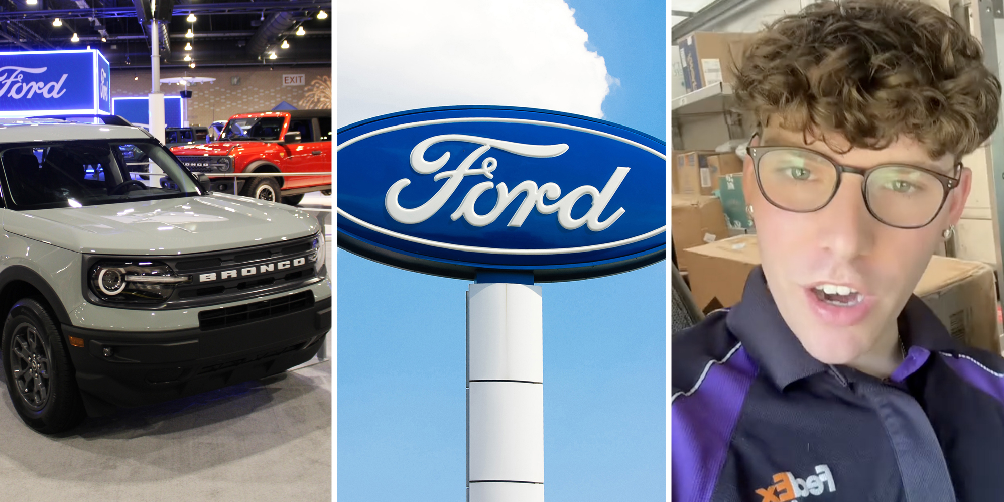 Ford Bronco sport in showroom(l), Ford sign(c), Man talking(r)