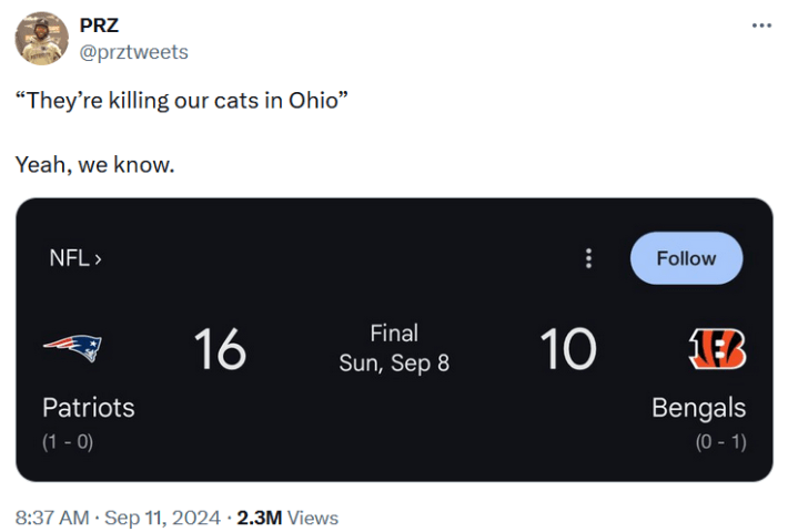 Eating pets meme with an image of the score from a game between the Patriots and the Bengals.