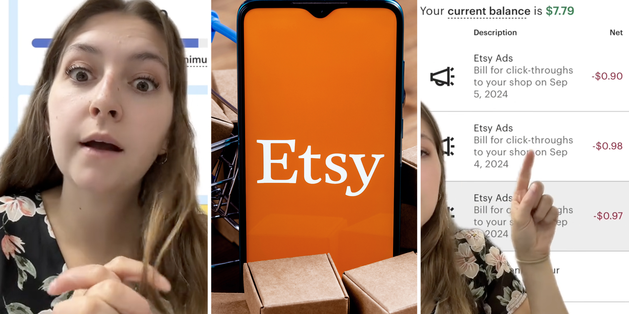 Woman looking shocked(l), Phone with Etsy app and little boxes(c), Hand pointing to screenshot of etsy ad billing(r)