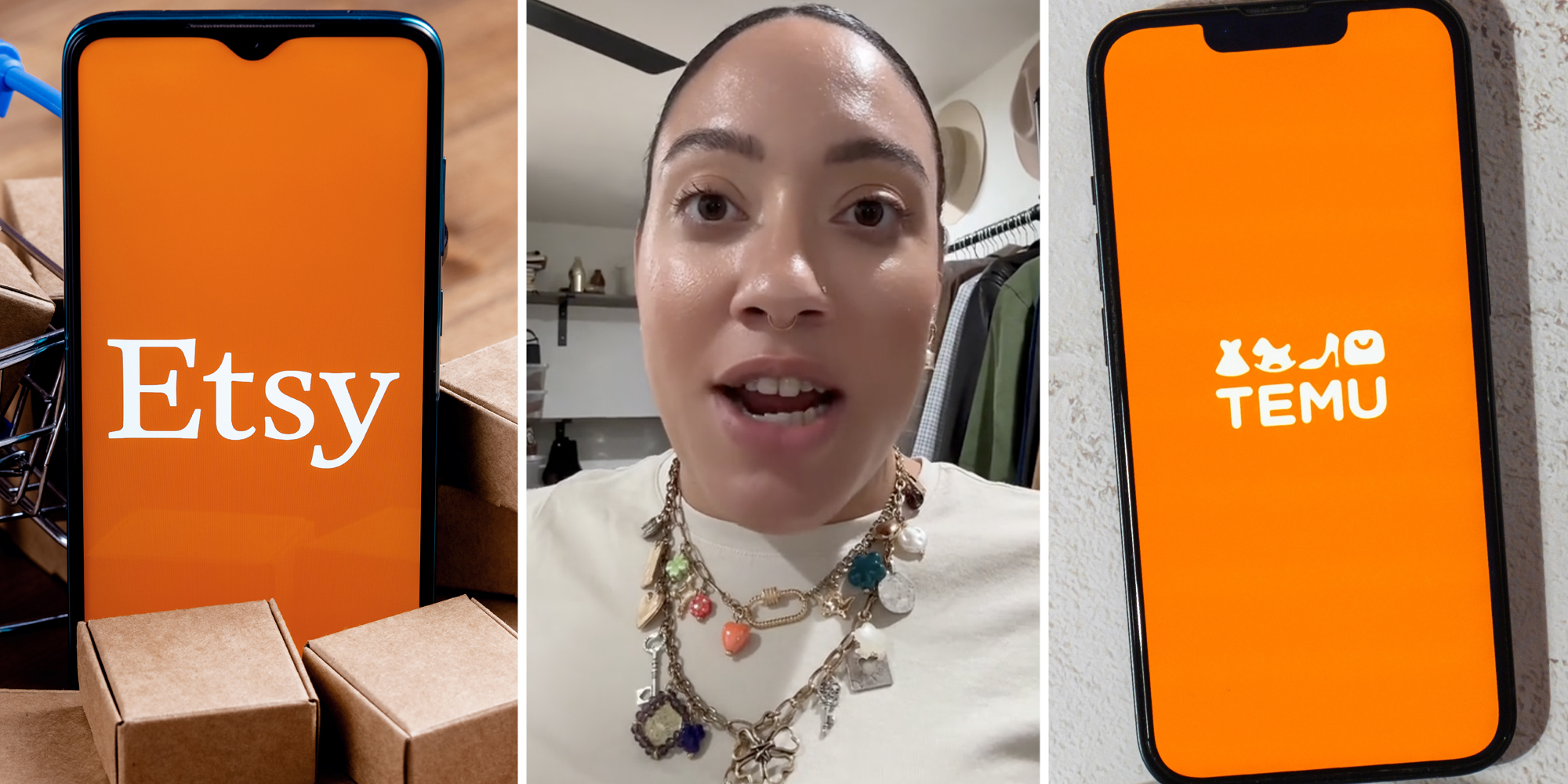 Etsy app on phone(l), Woman talking(c), Temu app on phone(r)