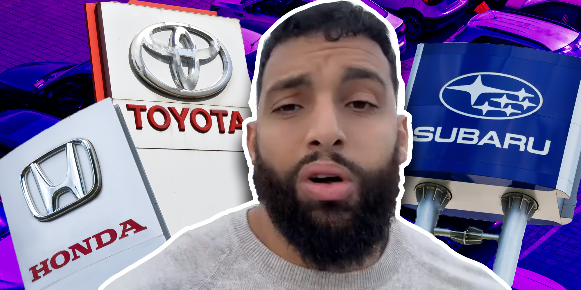 Man talking over signs for Honda, Toyota, and Subaru