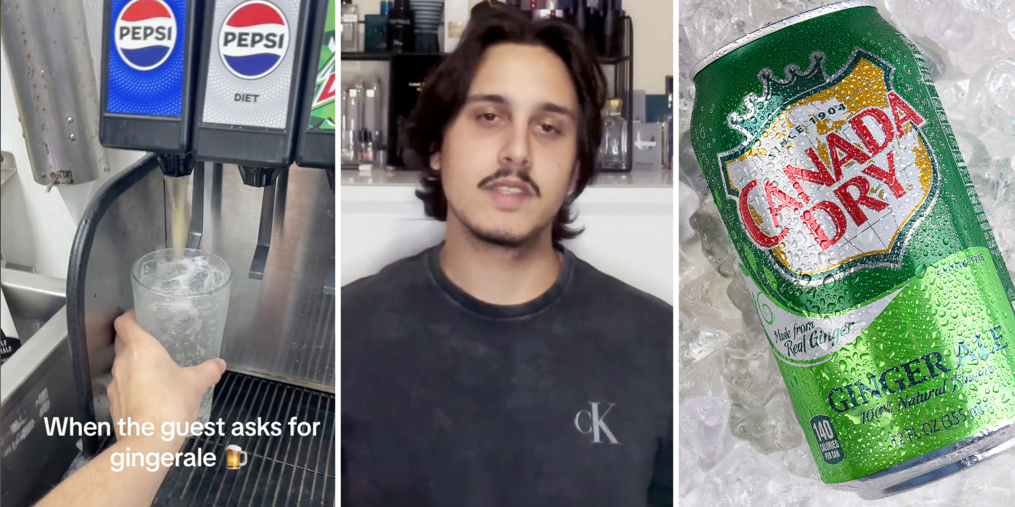 Hand with cup of soda at soda machine with text that says "When the guest asks for gingerale"(l), Man talking(c), Can of gingerale on ice(r)