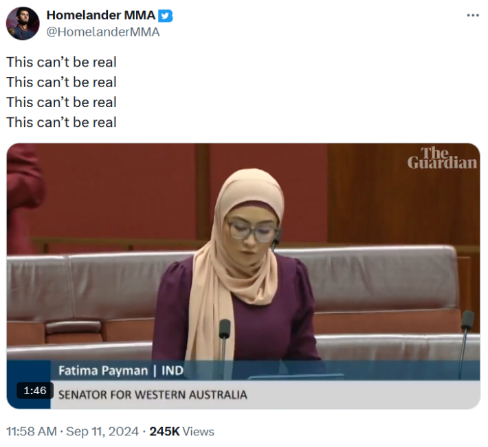 Fatima Payman Gen Z slang speech reaction repeating "this can't be real."