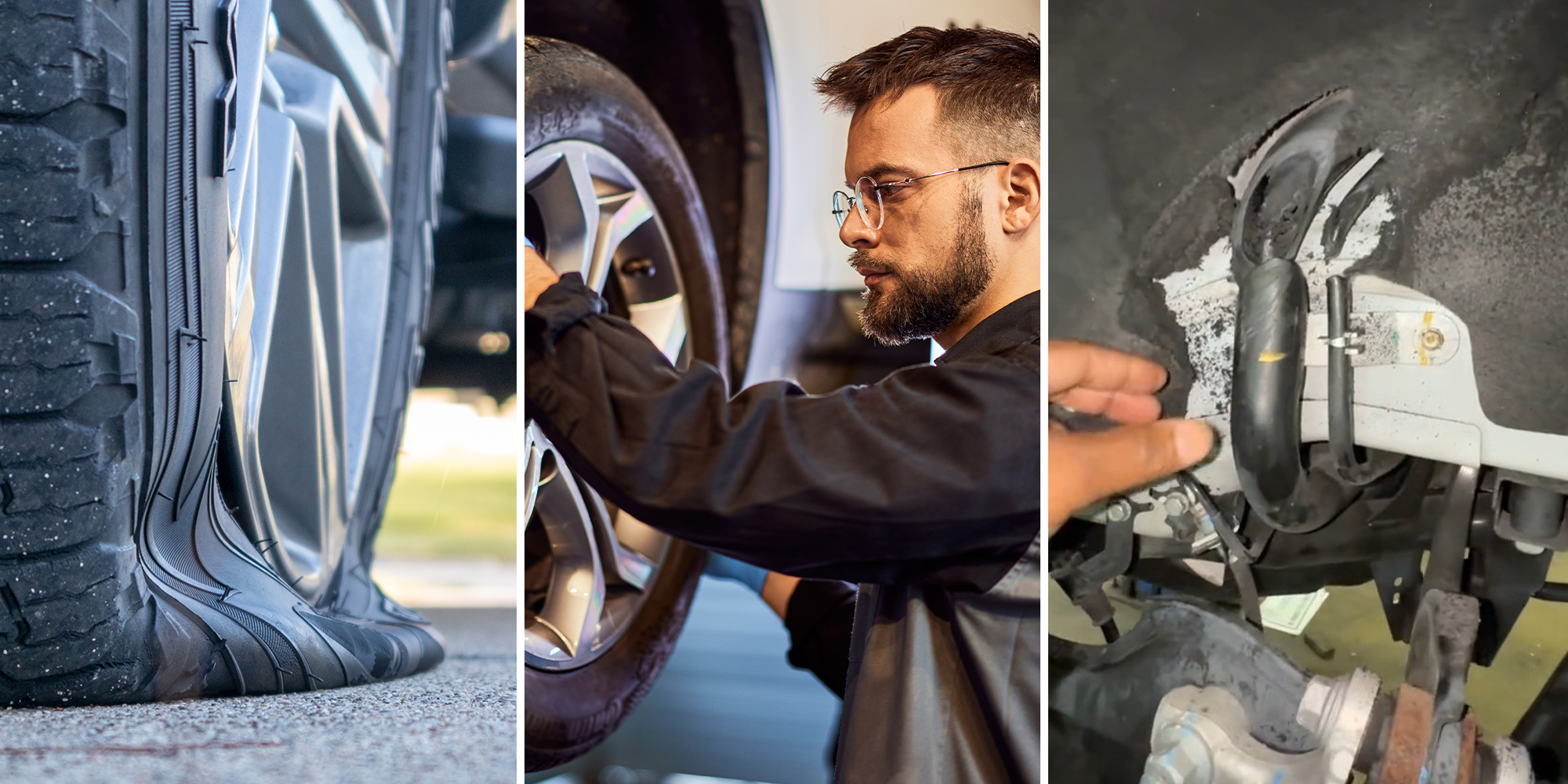 Flat Tire(l) Mechanic Checking Tire(c) Damaged hose from vehicle(r)