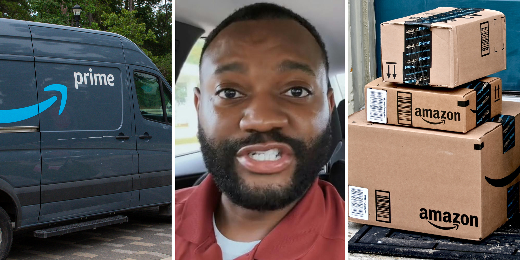 Amazon Prime truck(l), Amazon driver talking(c), Amazon packages(r)