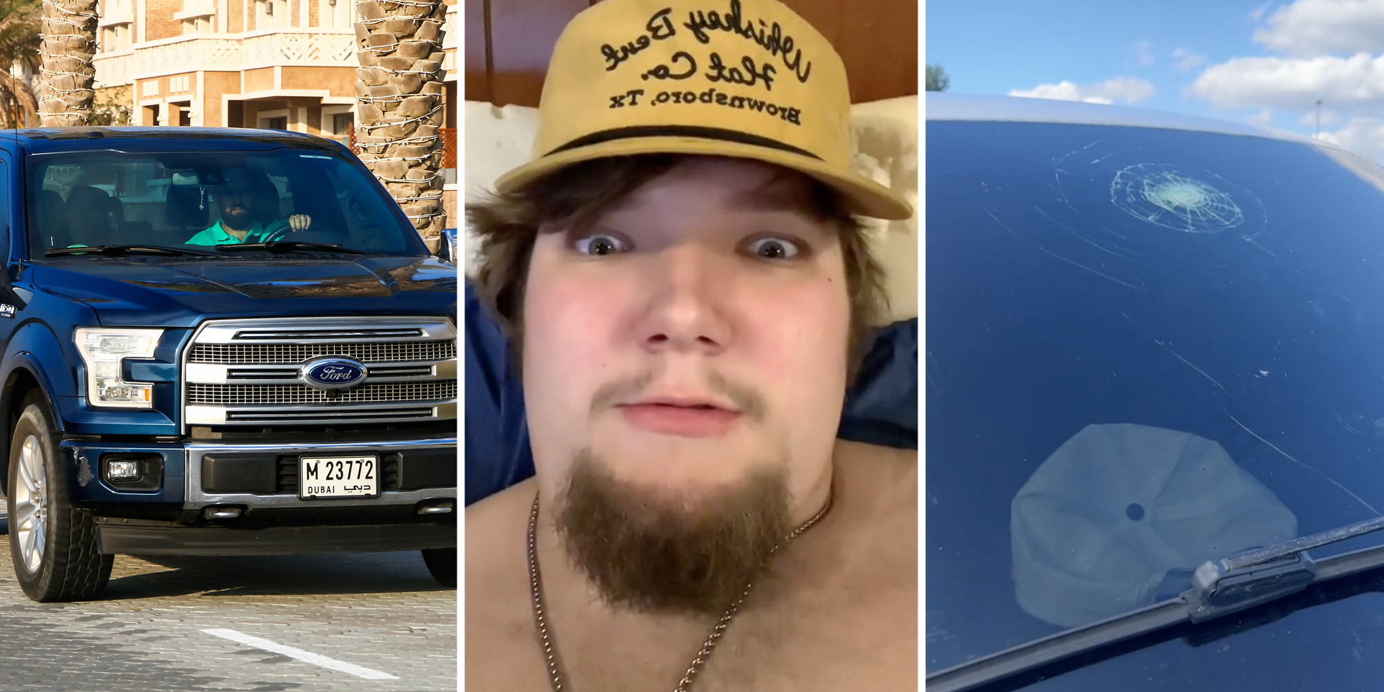 Ford F-150 driving(l), Man looking shocked(c), Cracked windshield(r)