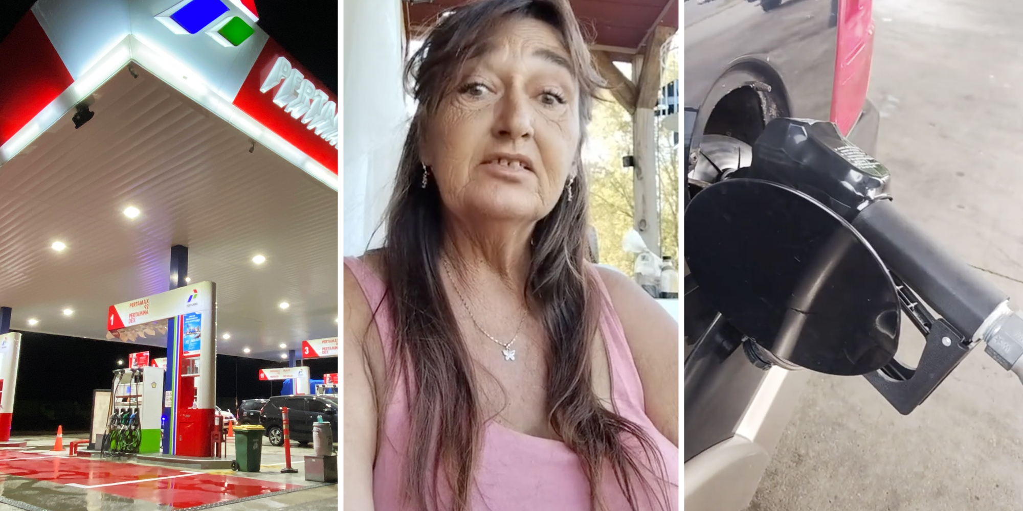 Gas station(l), Woman talking(c), Gas pump in car(r)