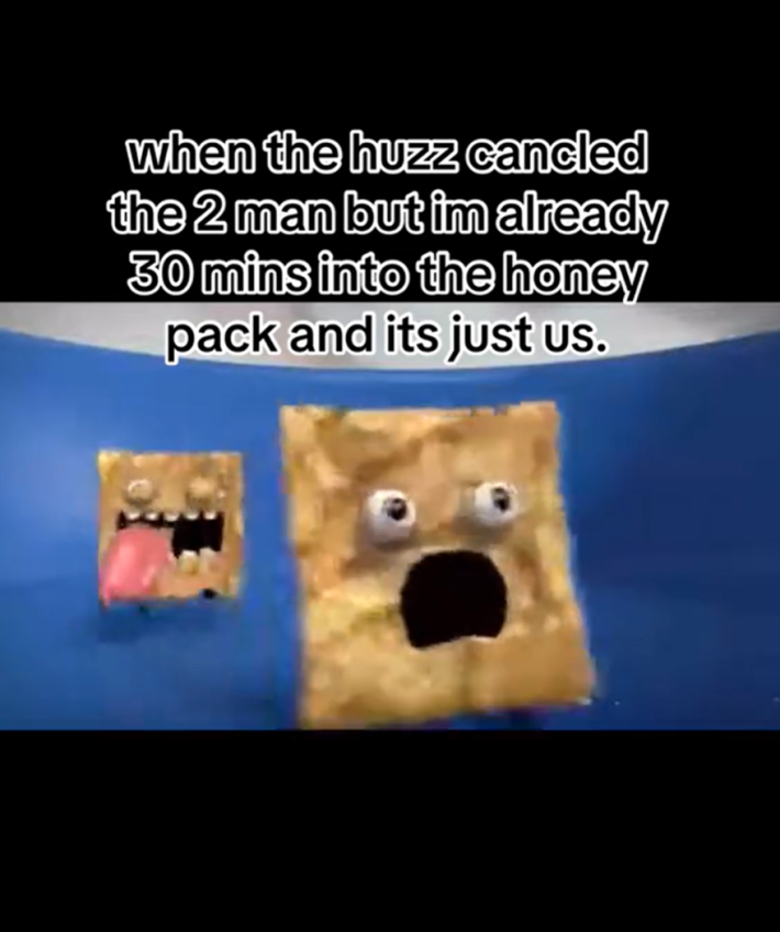 GIFTok meme video of a cannibal Cinnamon Toast Crunch video. Text reads, "when the huzz cancled the 2 man but im already 30 mins into the honey pack and its just us."
