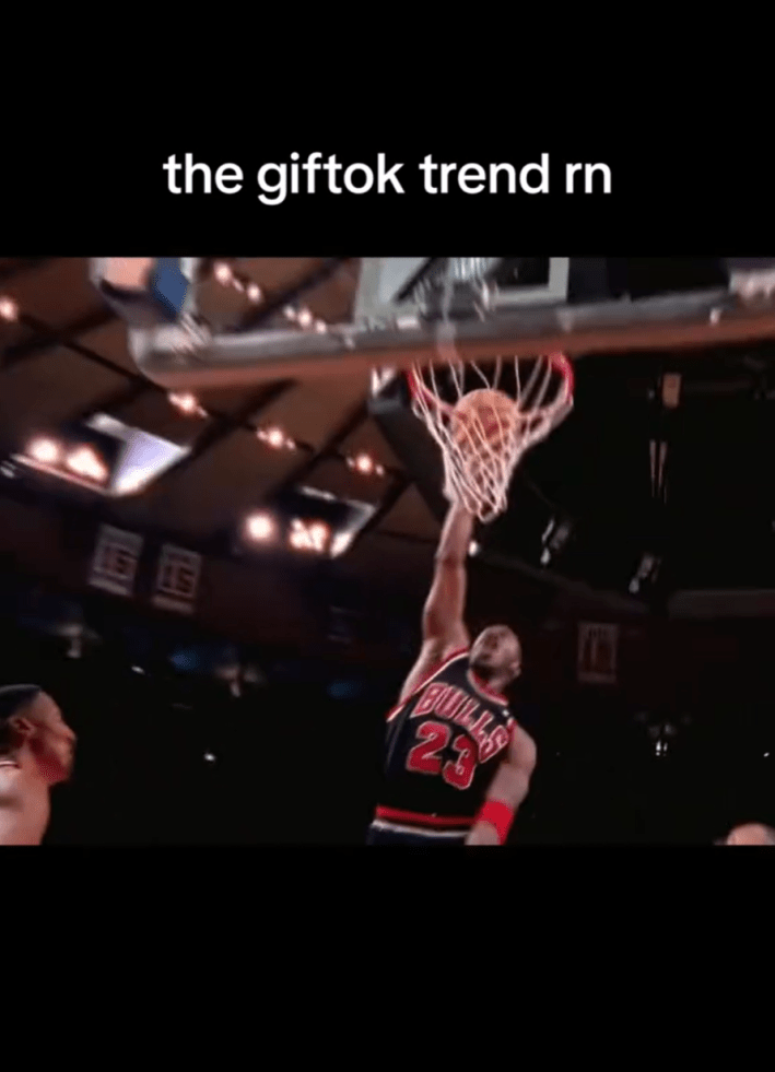 Blurry basketball player screenshot of a slam dunk. Text overlay reads, "the giftok trend rn"