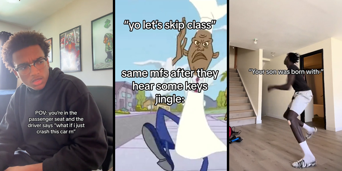 giftok - man with caption "POV: you're in the passenger seat and the driver says "what if I just crash this car rn"" (l) animation with caption ""yo let's skip class" same mfs after they hear some keys jingle:" (c) man running with caption ""Your son was born with-"" (r)