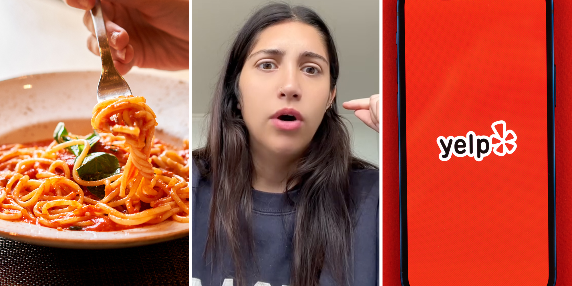 Fork twirling pasta(l), Woman looking shocked(c), Yelp app on phone(r)