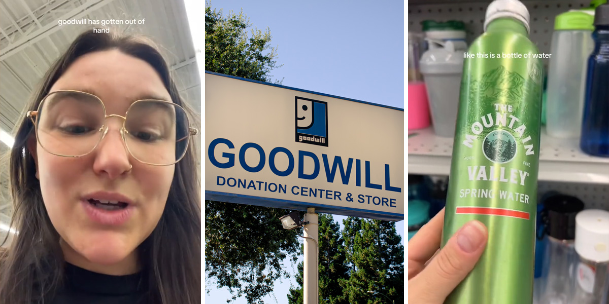 woman speaking with caption "goodwill has gotten out of hand" (l) Goodwill sign (c) bottle in hand with caption "like this is a bottle of water" (r)