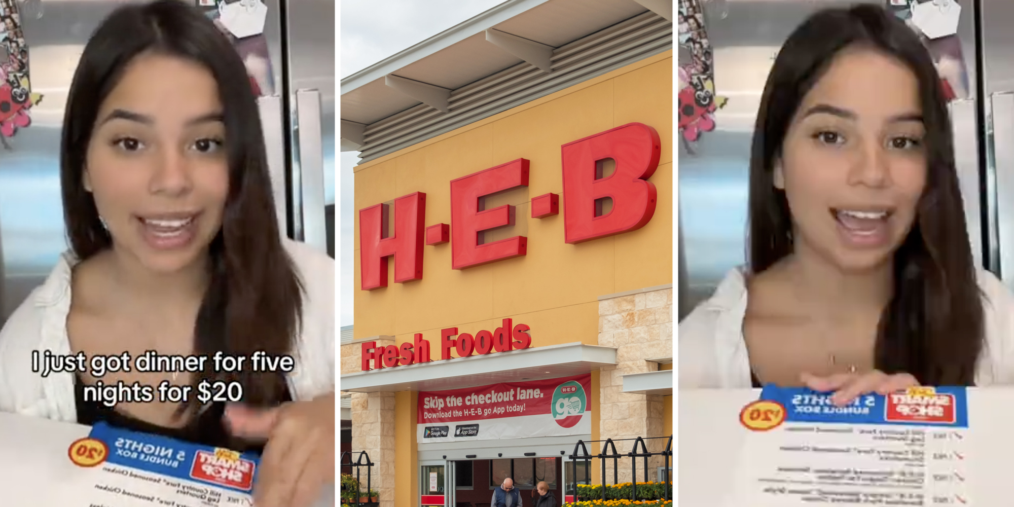 Woman with box talking(L+r), H-e-b storefront(c)