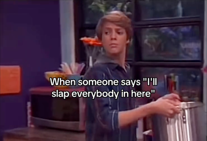 Henry Danger side-eyeing meme. Text overlay reads, "When someone says 'I'll slap everybody in here'"
