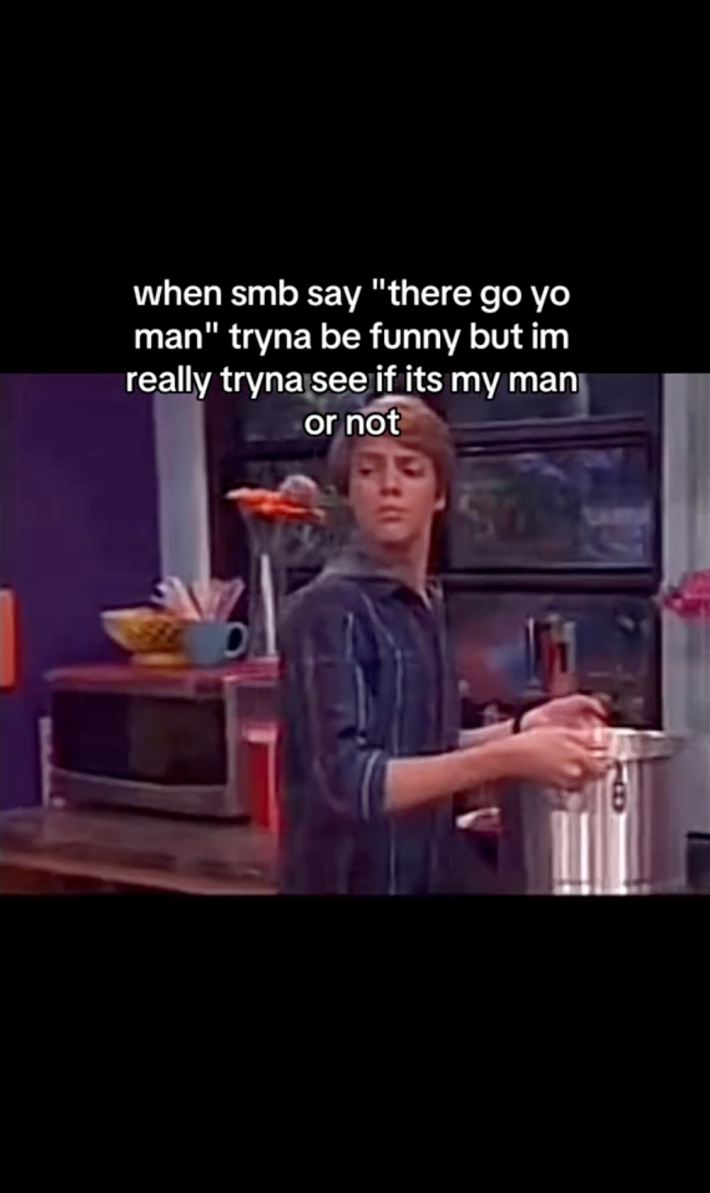 Henry Danger side-eyeing meme. Text overlay reads, "when smb say 'there go yo man' tryna be funny but im really tryna see if its my man or not."