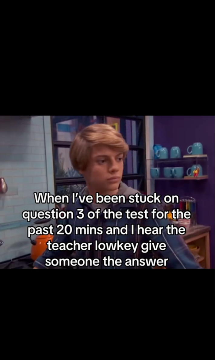 Henry Danger side-eyeing meme. Text overlay reads, "When I've been stuck on question 3 of the test for the past 20 mins and I hear the teacher lowkey give someone the answer."