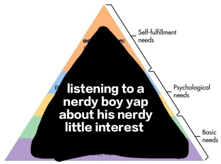 hierarchy of needs pyramid where it's all "listening to a nerdy boy yap about his nerdy little interest"