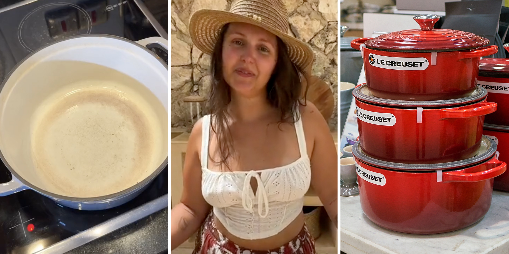 Pot on stover(l), Woman talking(c), Le Creuset pots stacked(r)