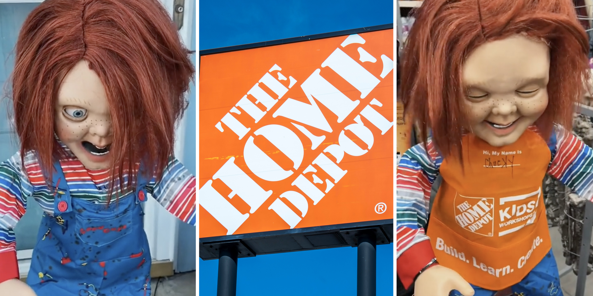Chucky doll(l+r), Home Depot sign(c)