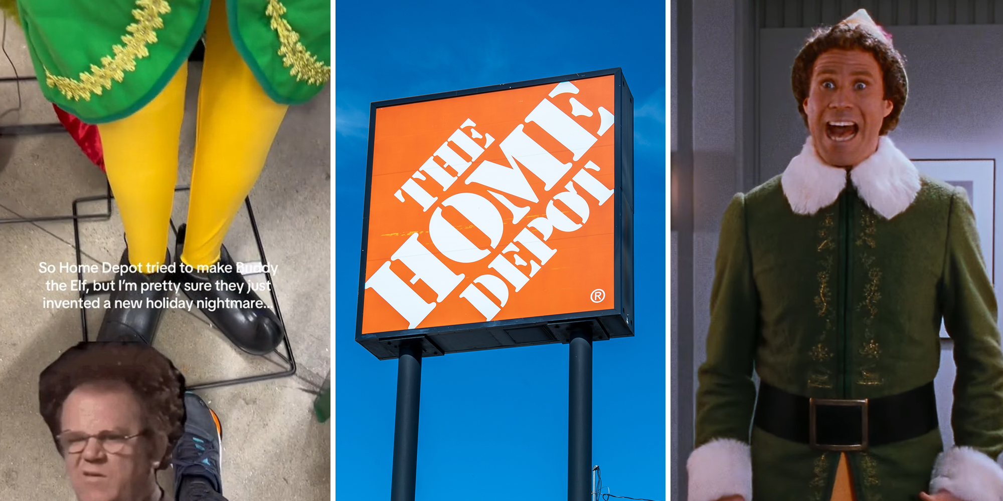 animatronic legs of buddy the elf(l) Home Depot Sign(c) Buddy the Elf Shocked(r)