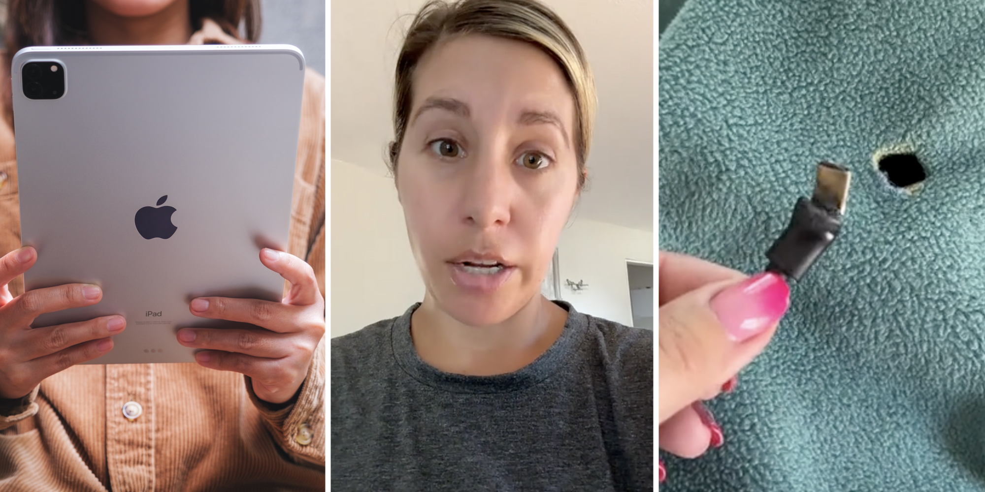 Hands holding ipad(l), Woman talking(c), Woman holding wire with small burn hole in blanket behind her(r)