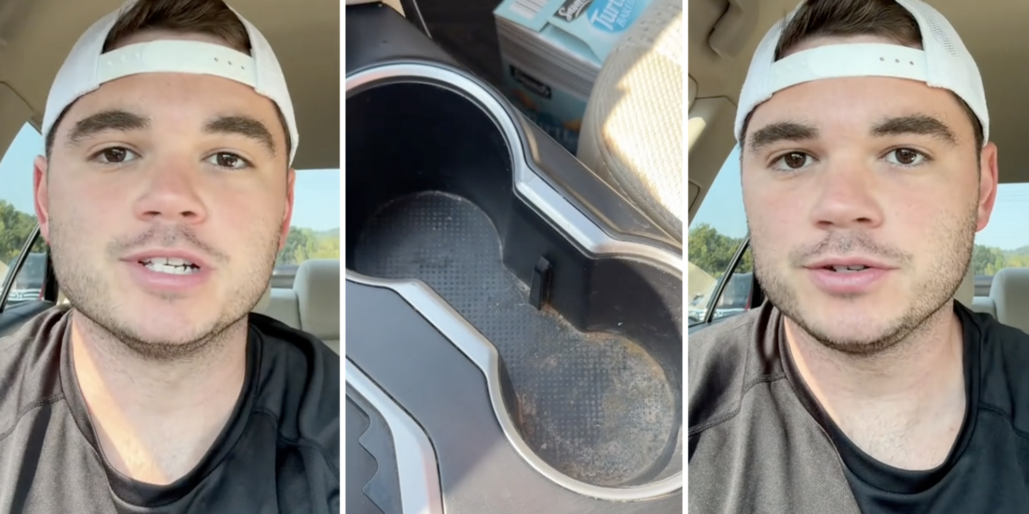 Man talking(l+r), Dirty cup holders(c)