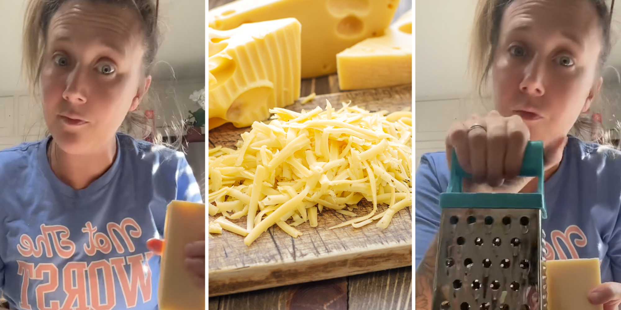 Woman with cheese(L), Grated Cheese on board(c), Woman with grater and cheese(r)