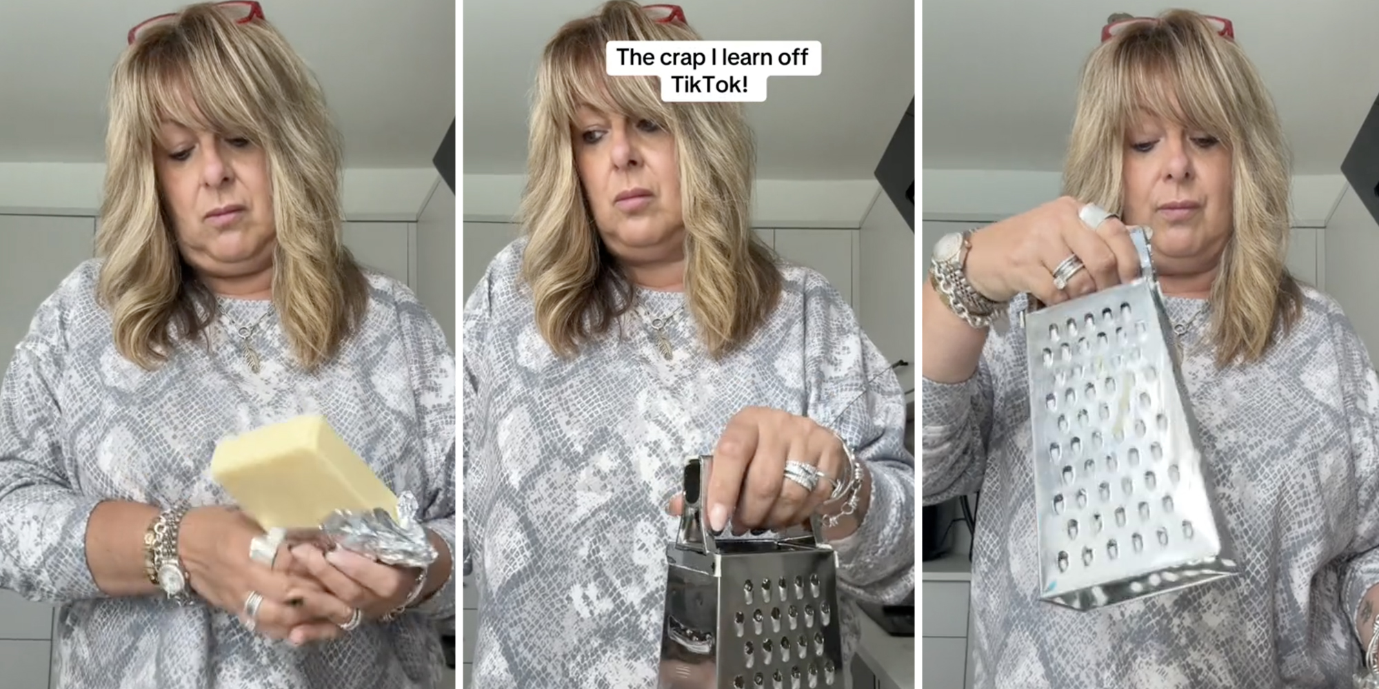 woman with cheese block(l), Woman with cheese grater and text that says "The crap I learn off TikTok!"(c), Woman with grater(r)