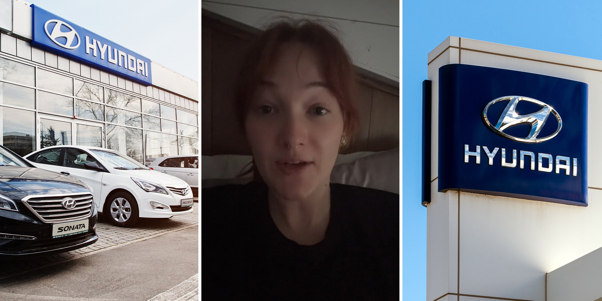 Hyundai Vehicles Infront of dealership(l) Woman wearing black Shirt(c) hyundai dealership sign(r)