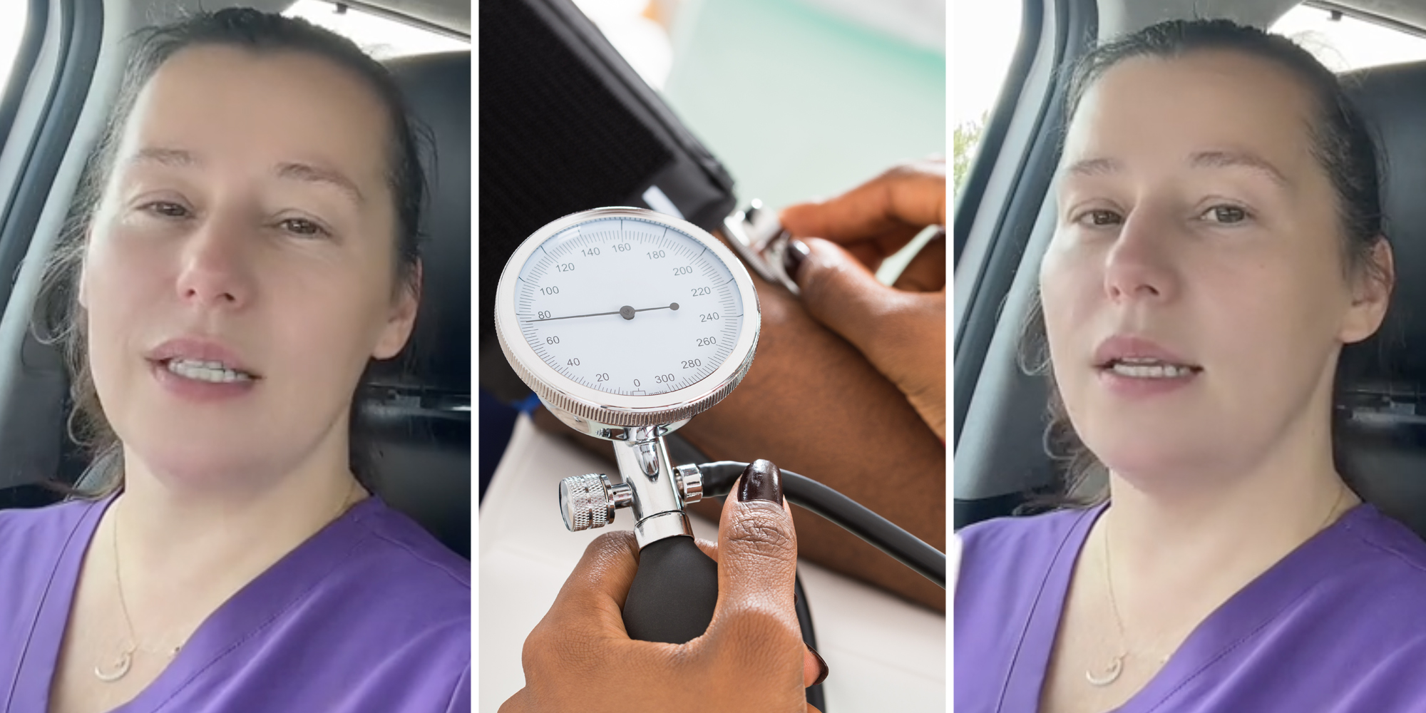 Woman talking(l+r), Hands taking blood pressure reading(c)