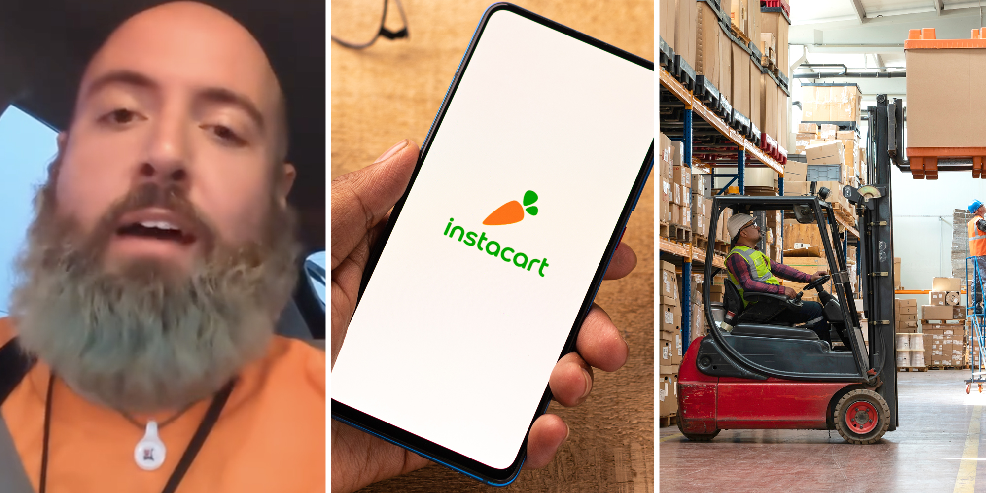 Man talking(l), Hand holding phone with instacart app(c), Person in forklift lifting box(r)