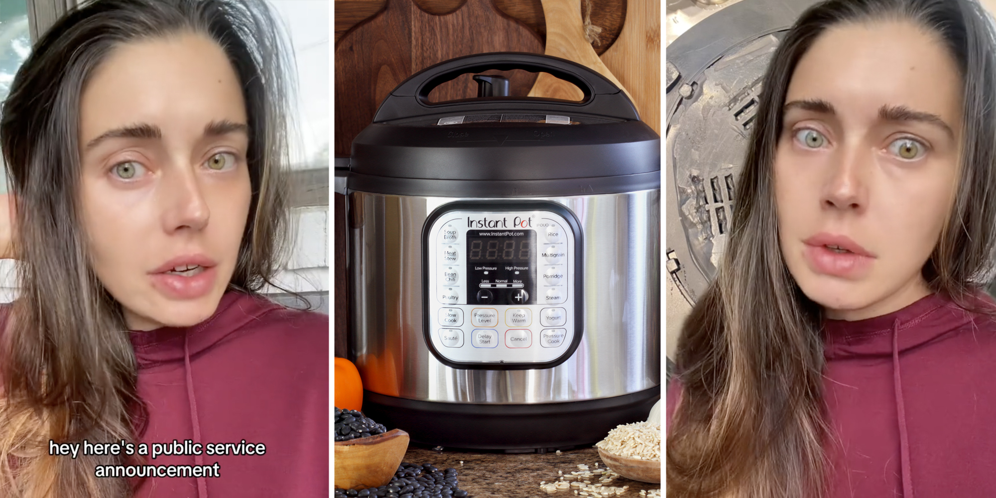 Woman talking(l+r), Instant Pot on counter(c)