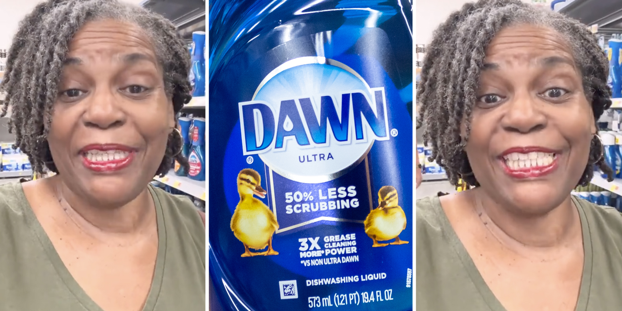 Woman talking(l+r), Dawn dish soap(c)
