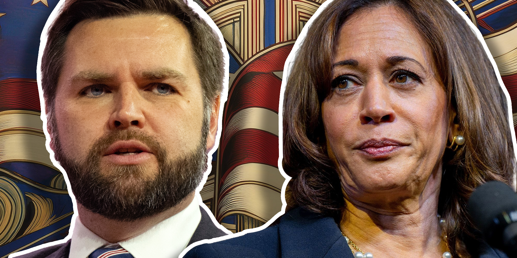 J.D. Vance(l), Kamala Harris(r), american flag graphic in the background