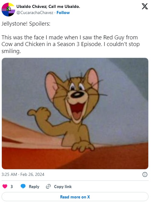 "This was the face I made when I saw the Red Guy from Cow and Chicken in a Season 3 Episode. I couldn't stop smiling," jerry pointing meme