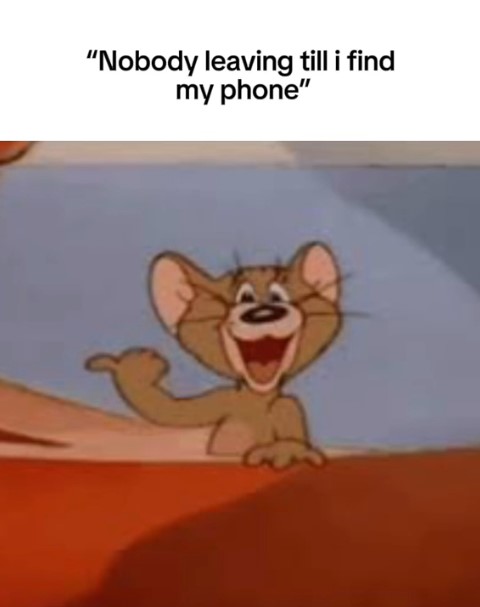 "nobodys leavins until i find my phone" jerry pointing meme