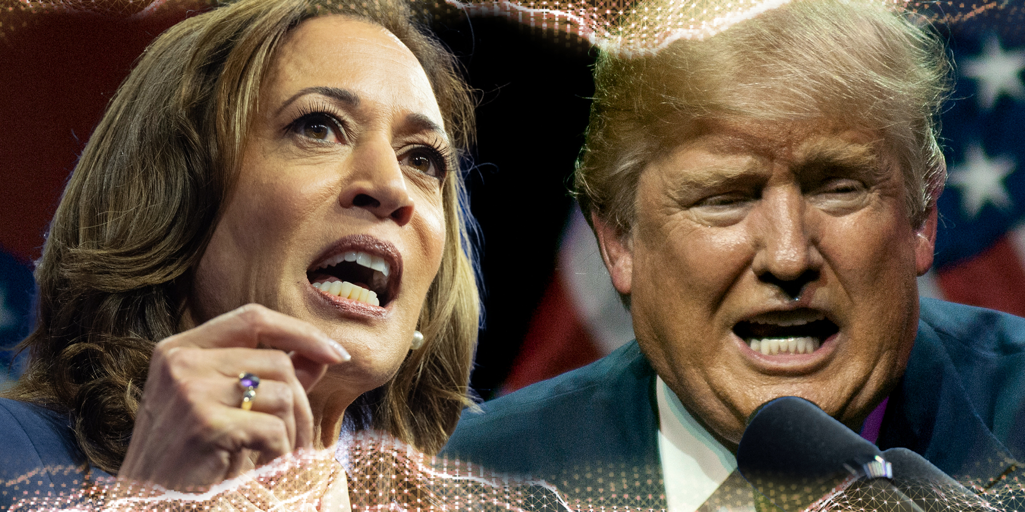 Kamala Harris and Donald Trump speaking into mic with tech wave pattern above and below them