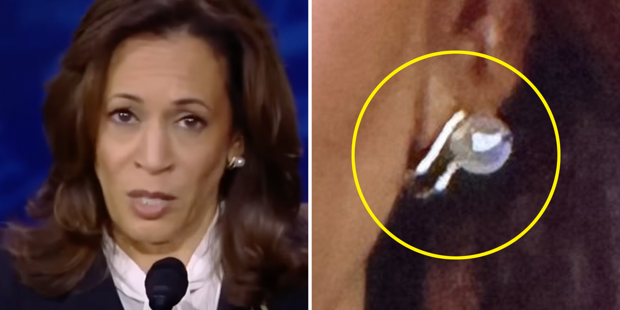 Kamala Harris at the Debate(l), Close up of her earring in yellow circle(r)