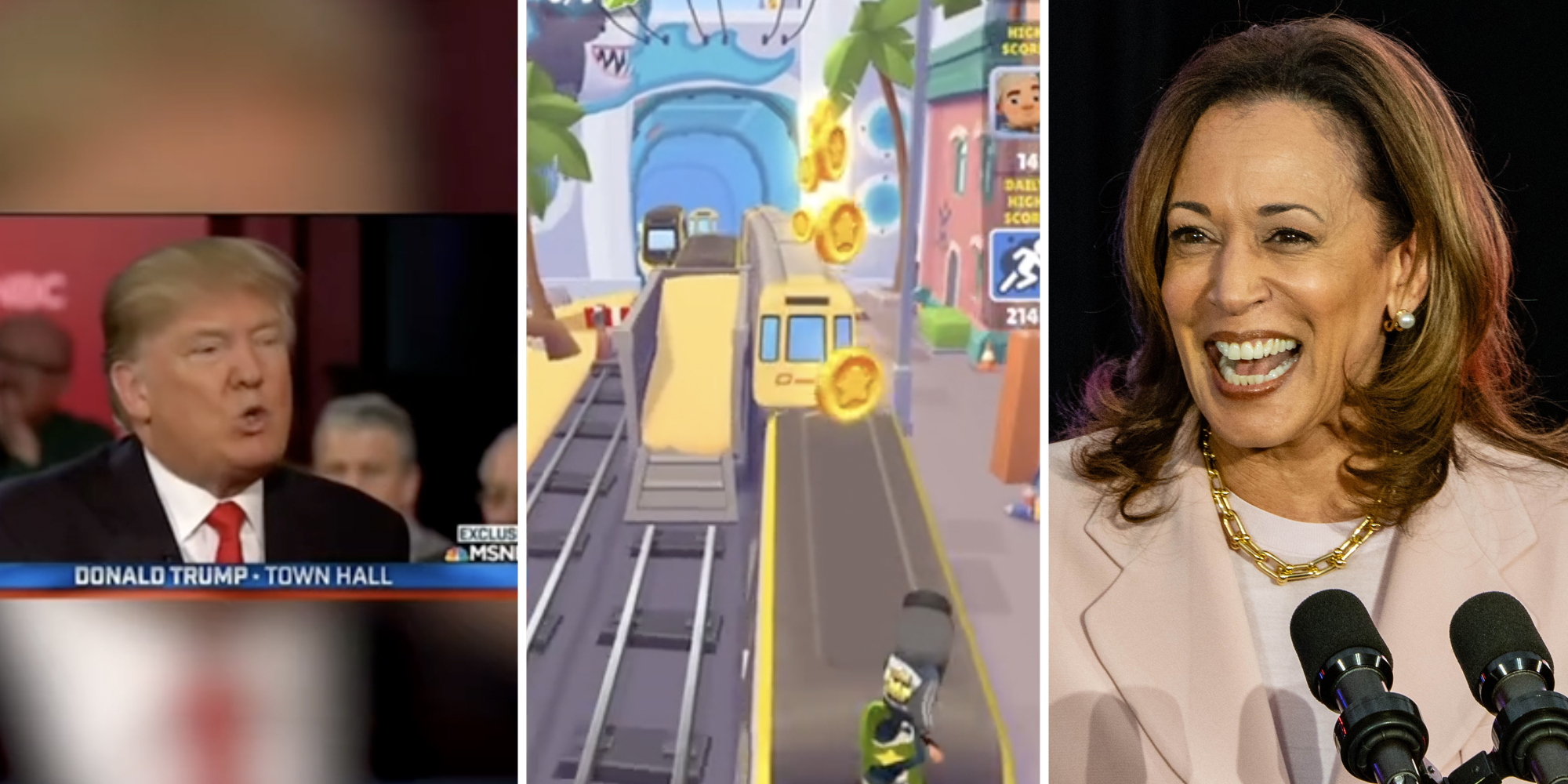 Donald Trump talking(l), Subway surfers(c), Kamala Harris(r)