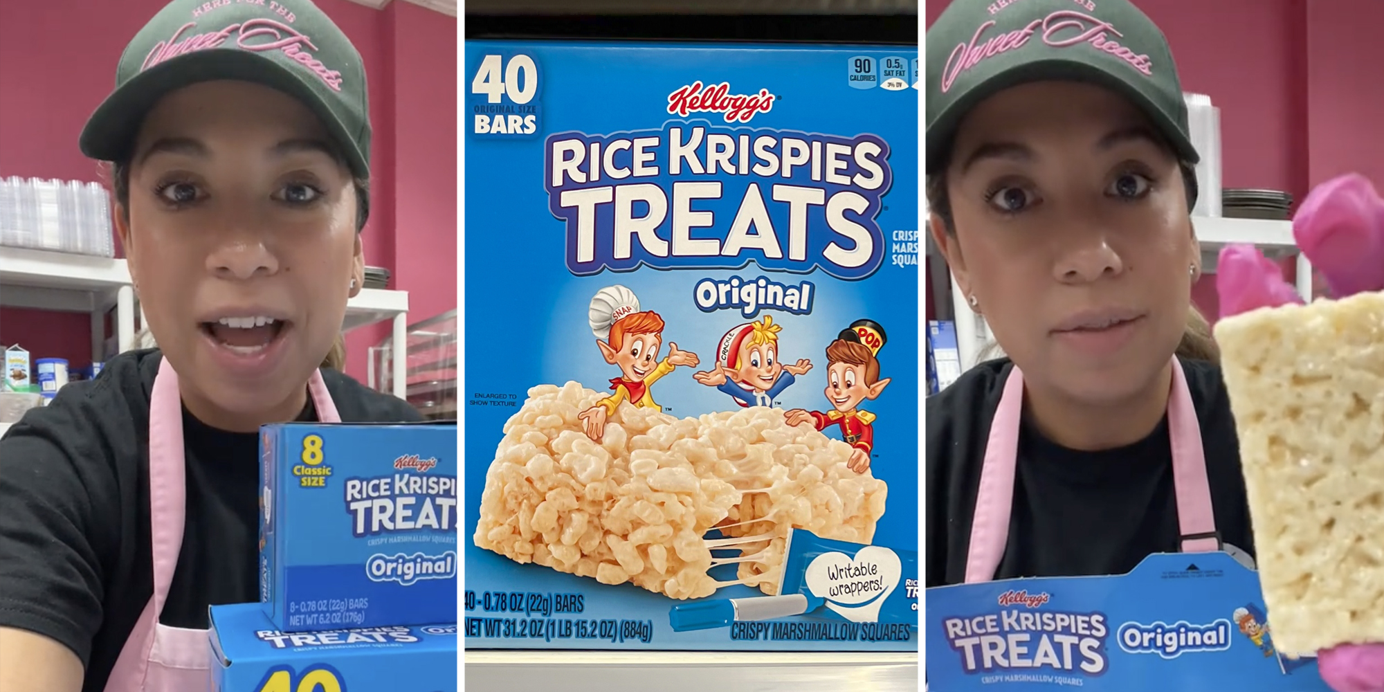 Woman talking with rice krispies boxes(l), Rice Krispies Treats box(c), Woman holding up rice krispies treat(r)